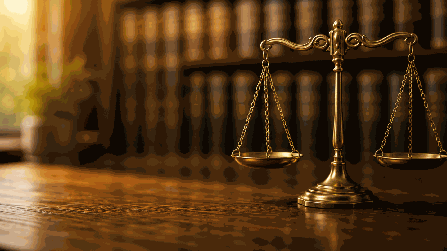 Gold scales of justice on wooden desk with blurred law library background